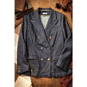 The Look Randolph Duke Denim Pinstripe Double Breasted Blazer Jacket with Chain